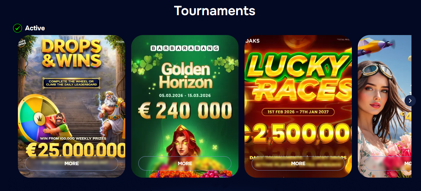 Active tournaments in Wizardo casino drops wins and jackpots.