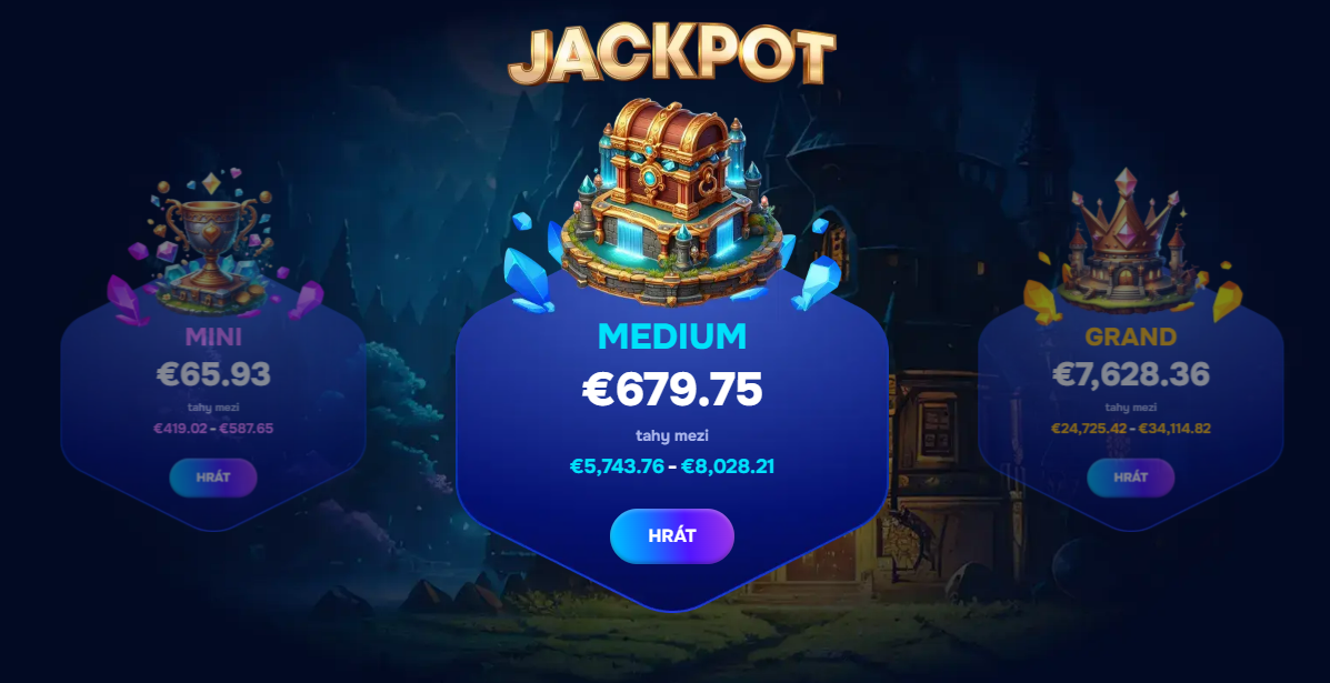 Progresivní jackpot v kasinu Wizardo s cenami mini, medium a grand.